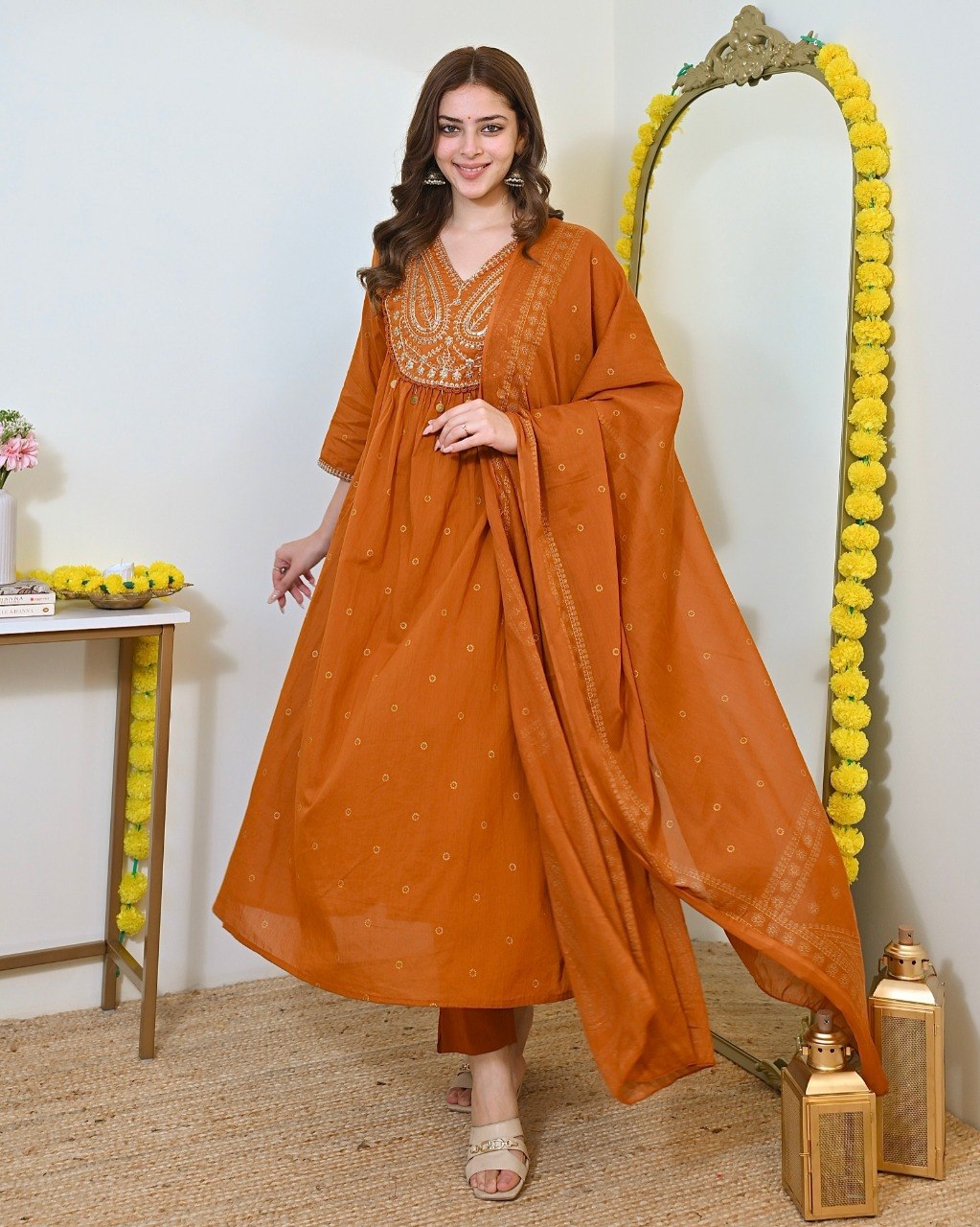 Women Rust Orange Embroidered Kurta Set with Dupatta