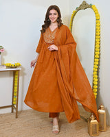 Women Rust Orange Embroidered Kurta Set with Dupatta