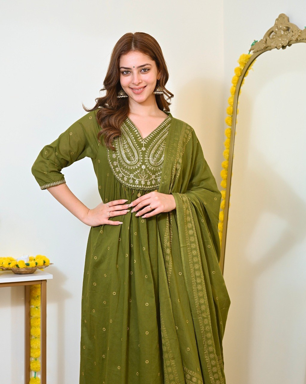 Women Olive Green Embroidered Kurta Set with Dupatta