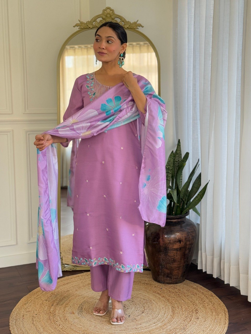 Women Lavender Pink Embroidered Kurta Set with Printed Dupatta