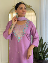 Women Lavender Pink Embroidered Kurta Set with Printed Dupatta