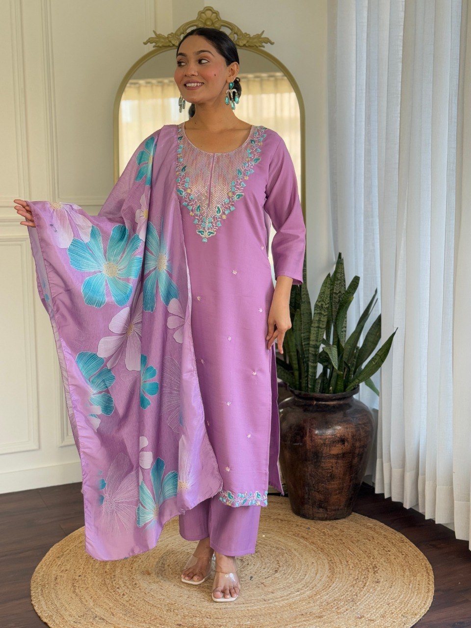 Women Lavender Pink Embroidered Kurta Set with Printed Dupatta