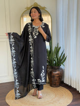 Women Black White Embroidered Kurta Set with Dupatta