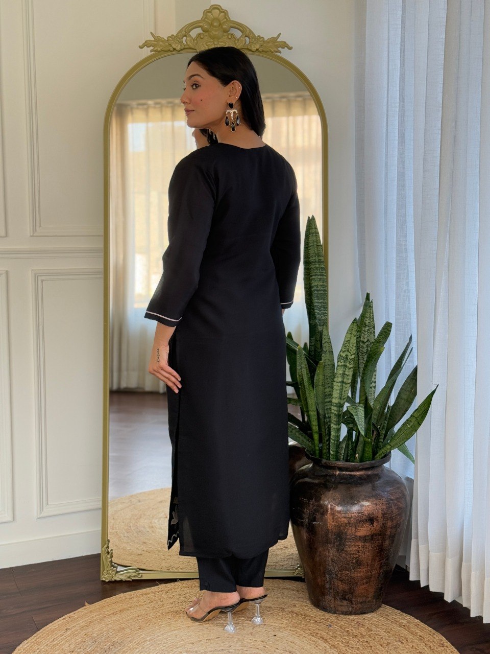 Women Black White Embroidered Kurta Set with Dupatta