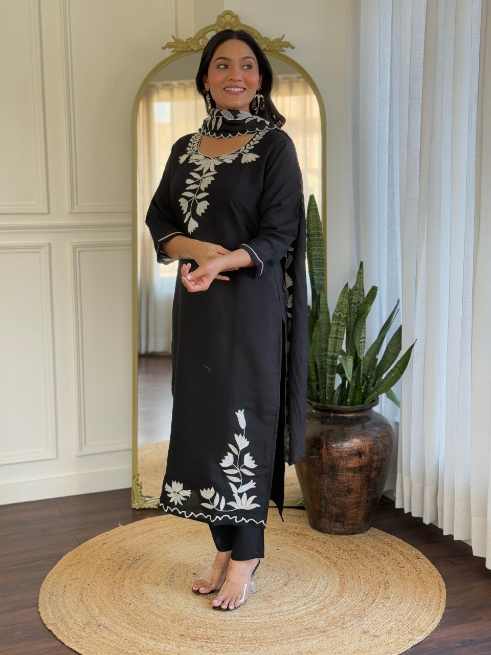 Women Black White Embroidered Kurta Set with Dupatta