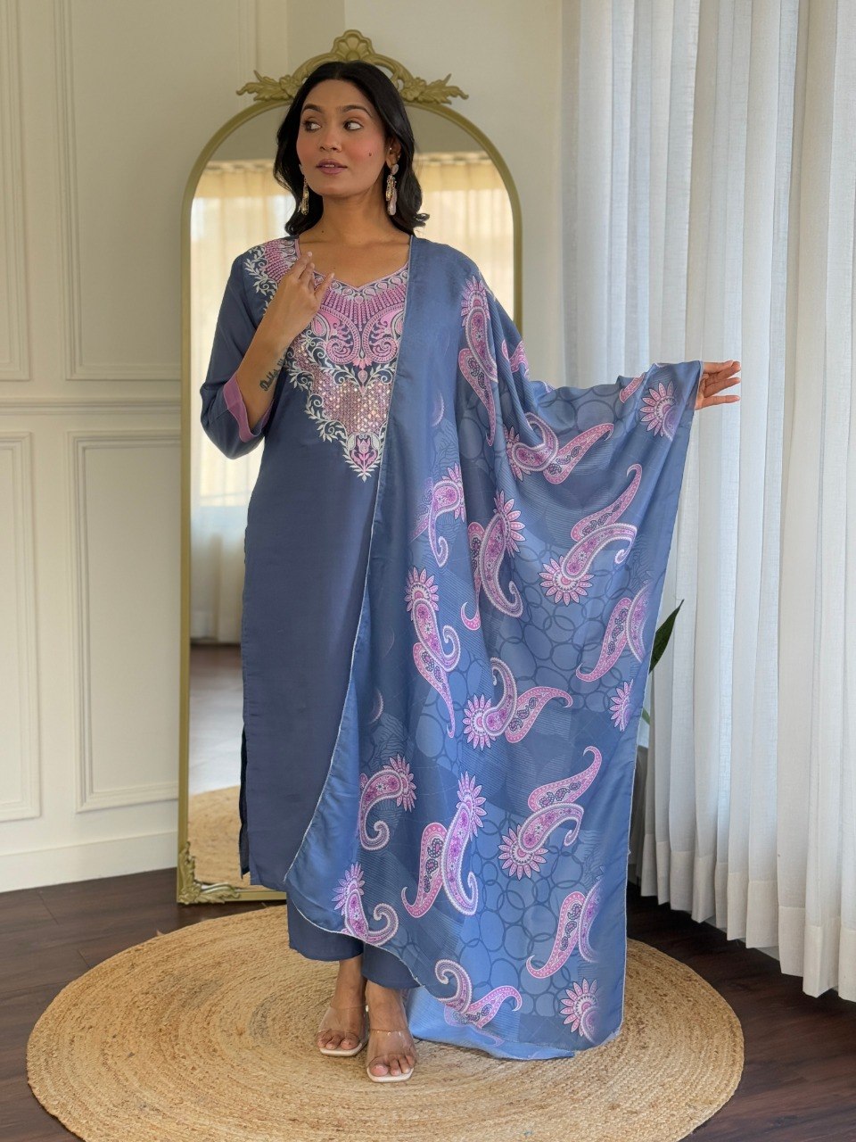 Women Steel Blue Embroidered Kurta Set with Printed Dupatta