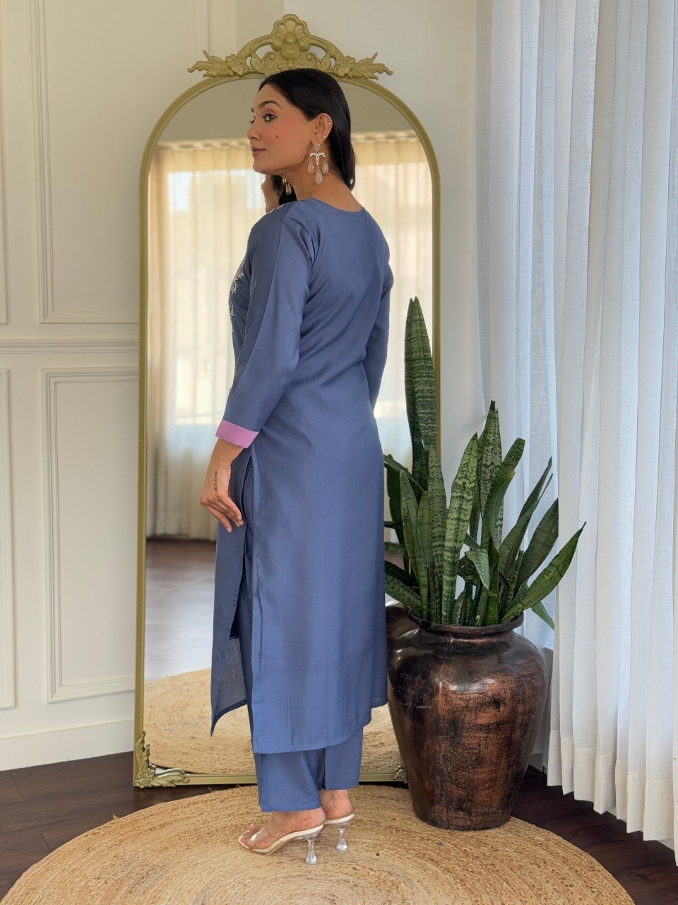 Women Steel Blue Embroidered Kurta Set with Printed Dupatta