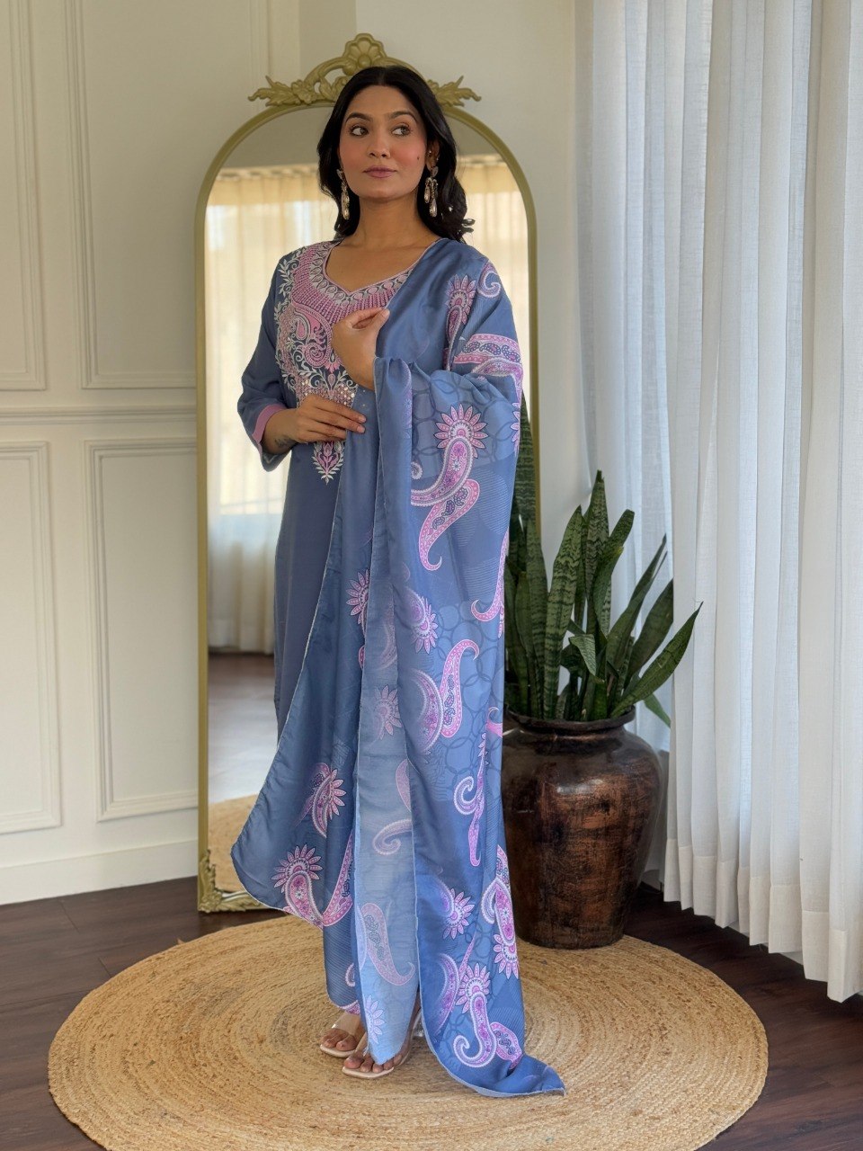 Women Steel Blue Embroidered Kurta Set with Printed Dupatta