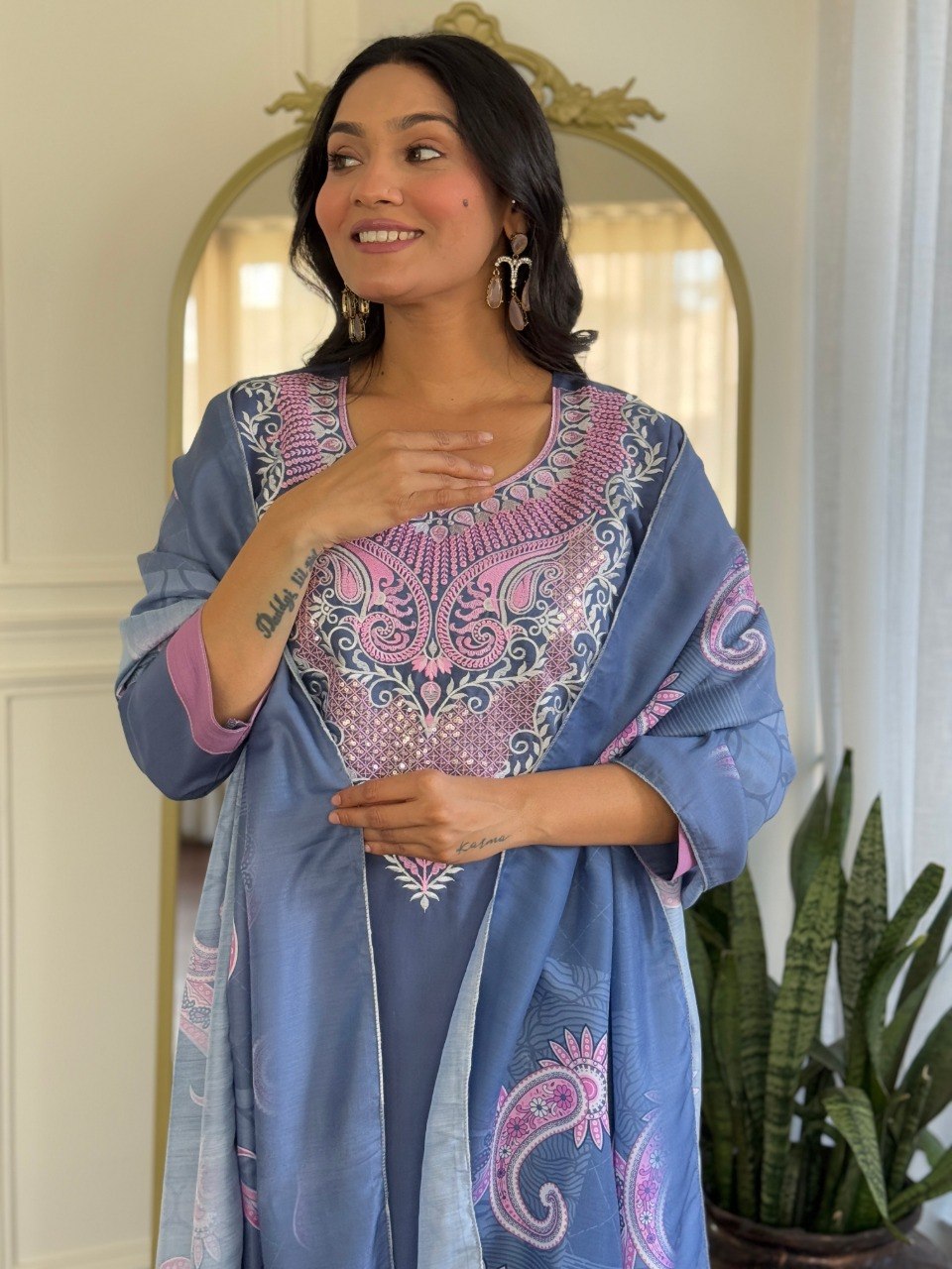 Women Steel Blue Embroidered Kurta Set with Printed Dupatta