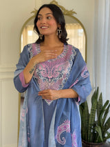 Women Steel Blue Embroidered Kurta Set with Printed Dupatta