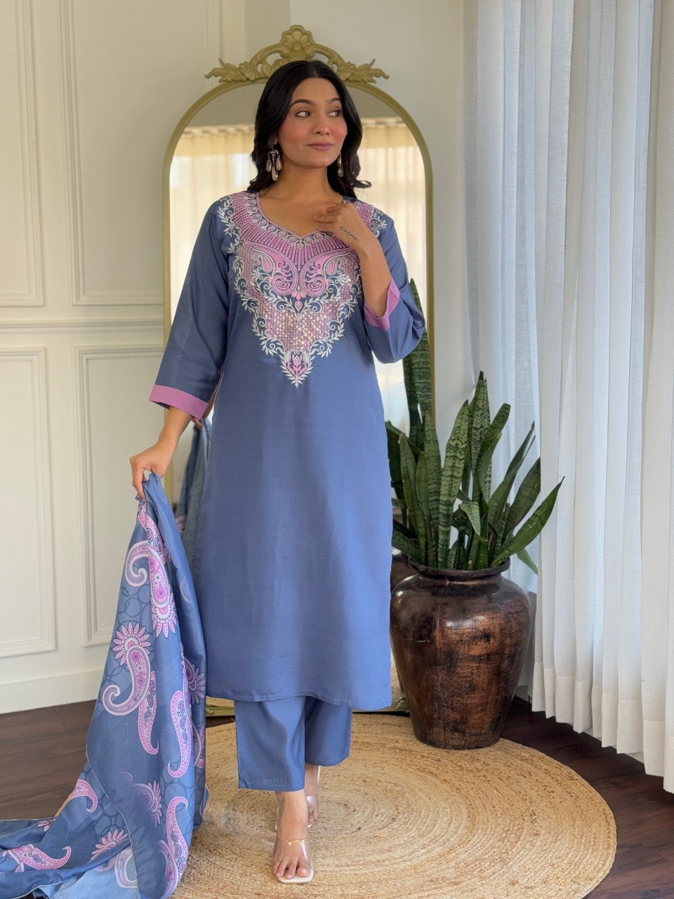 Women Steel Blue Embroidered Kurta Set with Printed Dupatta