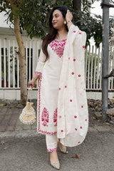 Women Off White Red Embroidered Kurta Set with Dupatta