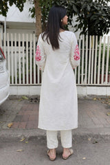 Women Off White Red Embroidered Kurta Set with Dupatta