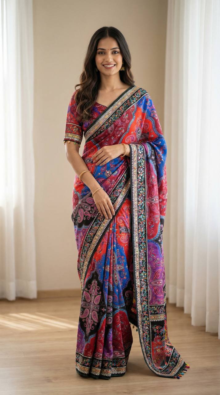 Vibrant paisley print saree with real mirror work mameraa
