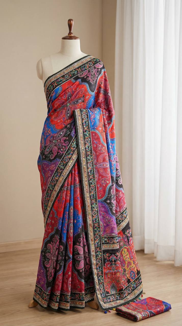 Vibrant paisley print saree with real mirror work