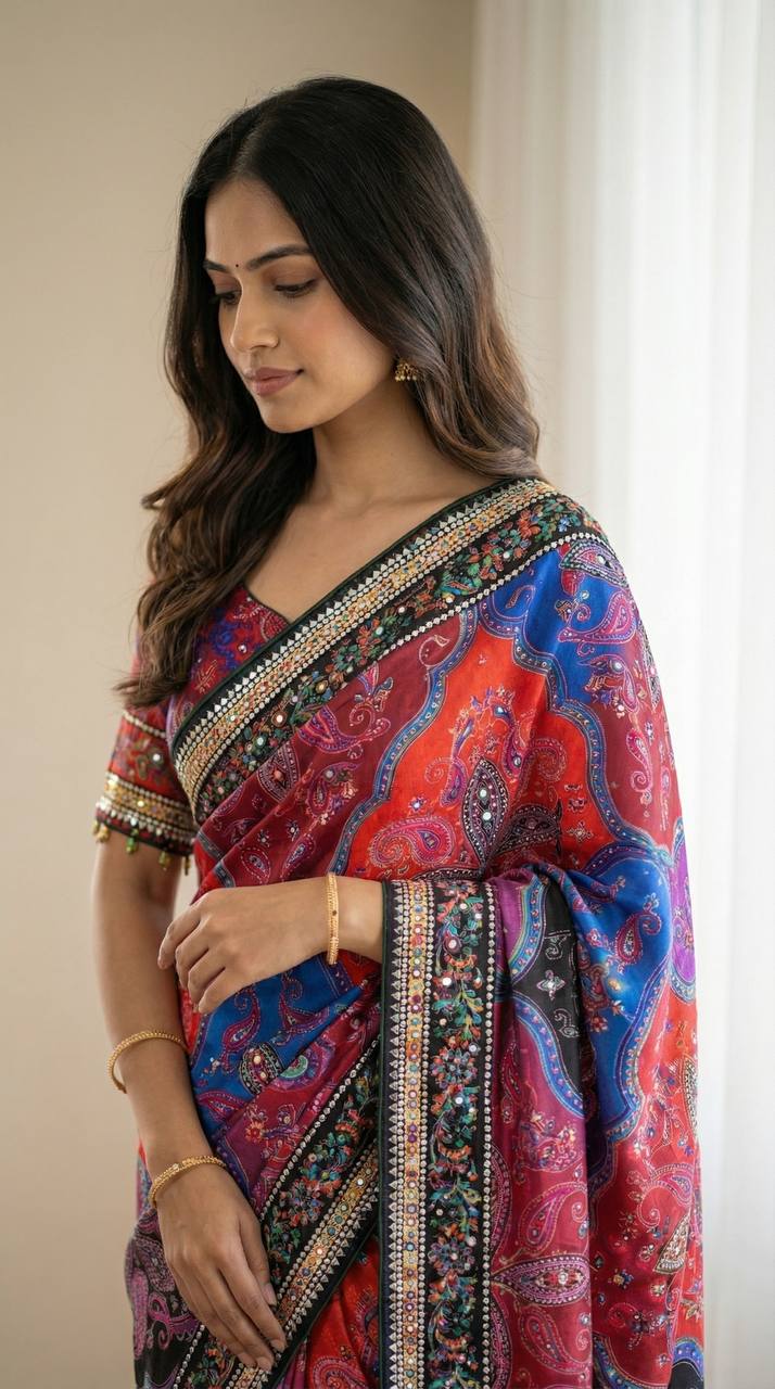 Vibrant paisley print saree with real mirror work