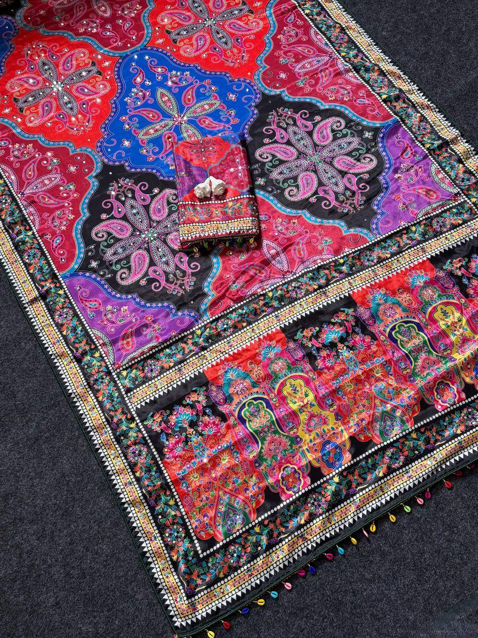 Vibrant paisley print saree with real mirror work
