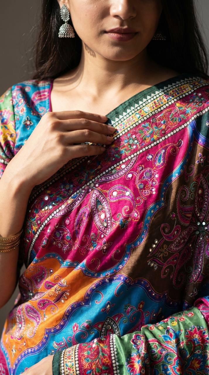 Vibrant multicolor soft satin printed saree with real mirror work fancy moti latkan pallu