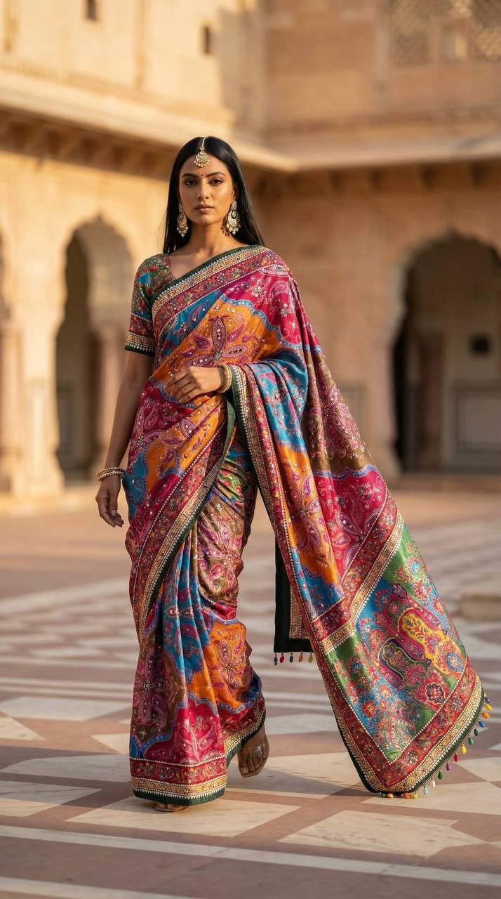 Vibrant multicolor soft satin printed saree with real mirror work fancy moti latkan pallu