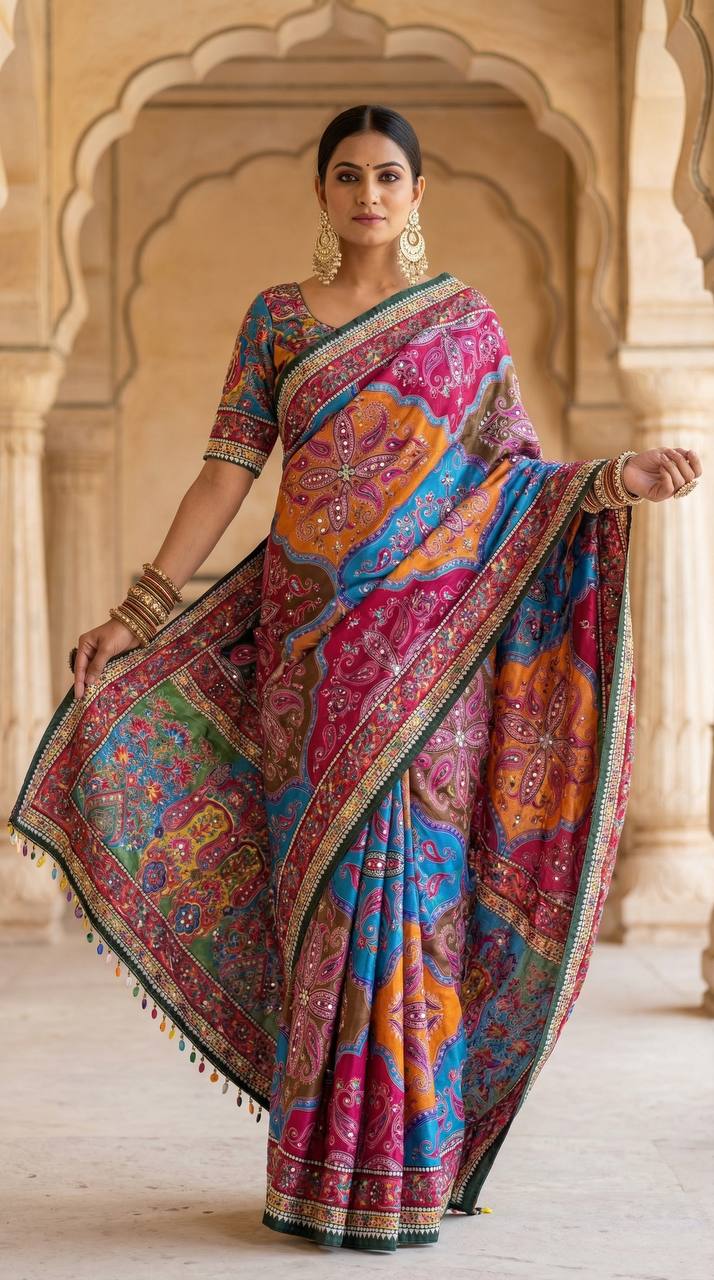 Vibrant multicolor soft satin printed saree with real mirror work fancy moti latkan pallu mameraa