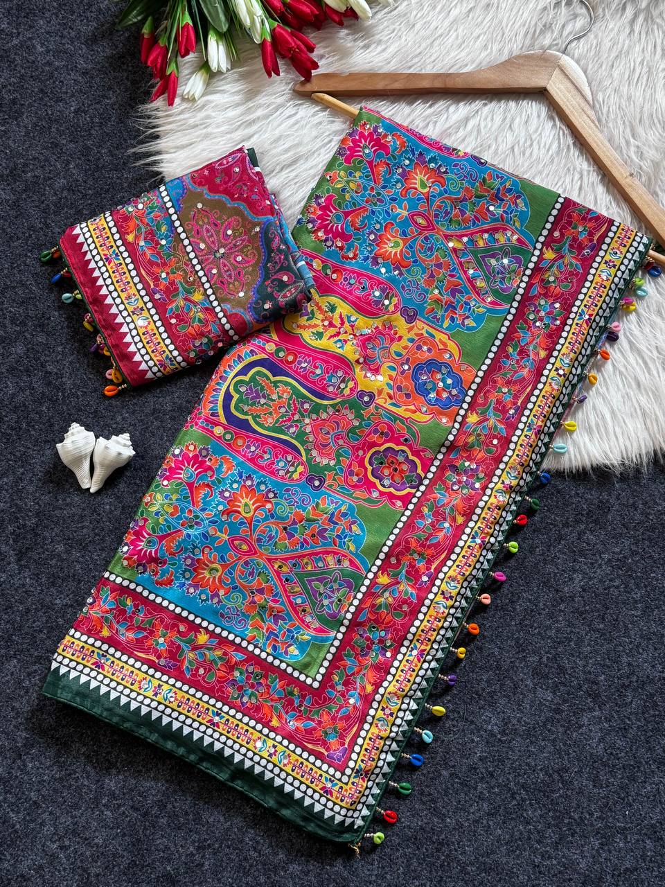 Vibrant multicolor soft satin printed saree with real mirror work fancy moti latkan pallu