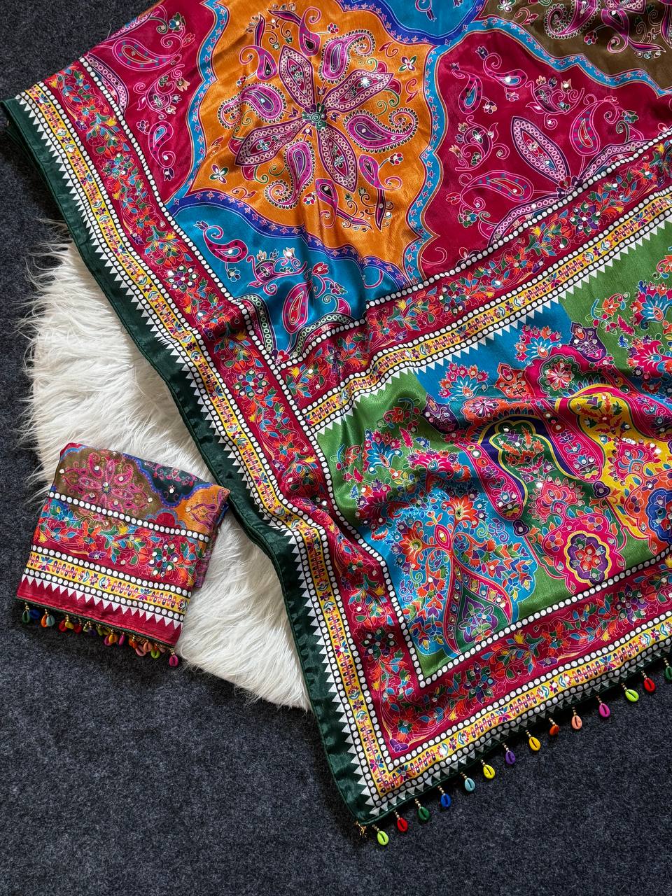 Vibrant multicolor soft satin printed saree with real mirror work fancy moti latkan pallu