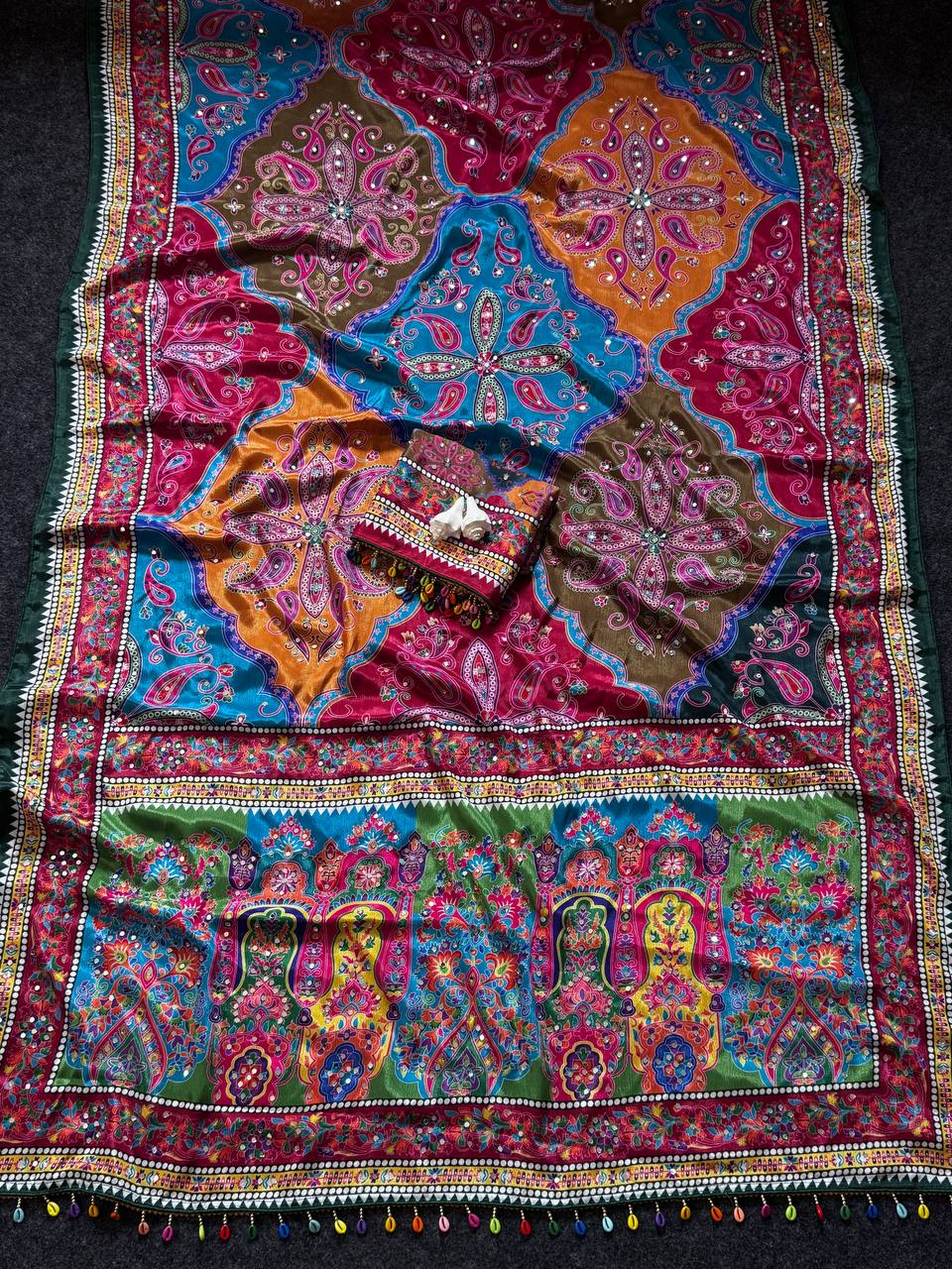 Vibrant multicolor soft satin printed saree with real mirror work fancy moti latkan pallu