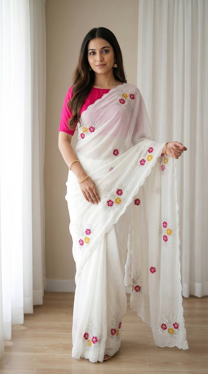 Elegant white soft rangoli saree with handwork khatali butta cutdana sequence border with heavy jalpari designer blouse mameraa