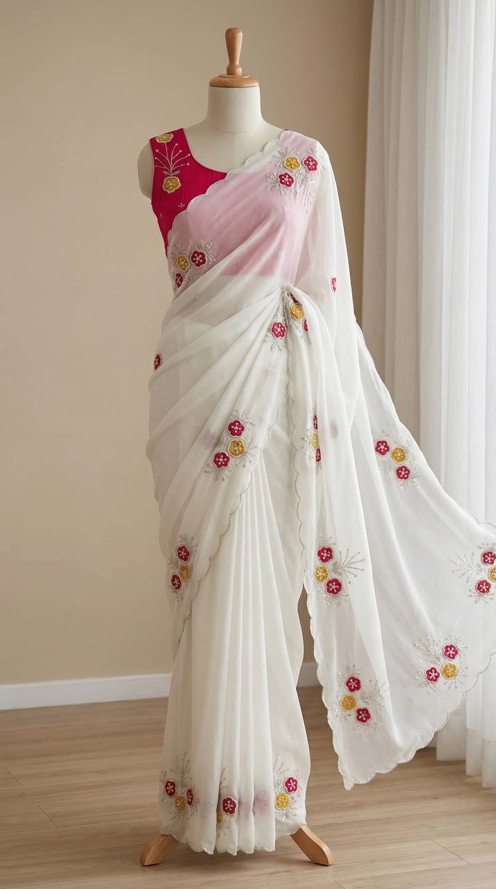 Elegant white soft rangoli saree with handwork khatali butta cutdana sequence border with heavy jalpari designer blouse