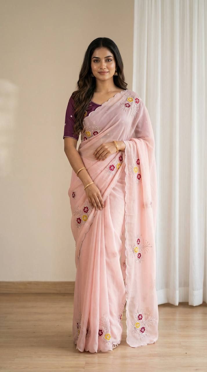 Graceful baby pink soft rangoli saree with handwork floral butta cutdana border with designer jalpari blouse mameraa