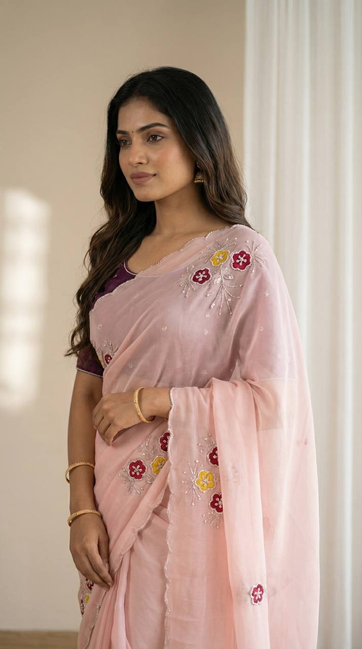 Graceful baby pink soft rangoli saree with handwork floral butta cutdana border with designer jalpari blouse