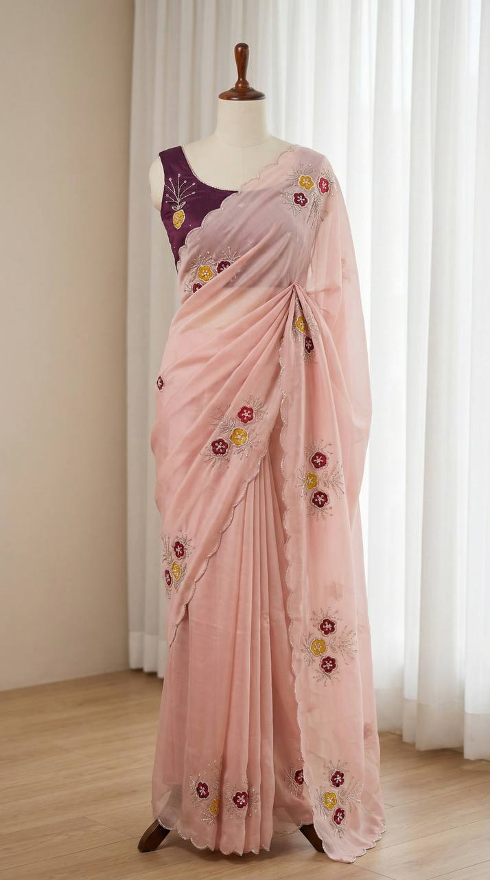 Graceful baby pink soft rangoli saree with handwork floral butta cutdana border with designer jalpari blouse