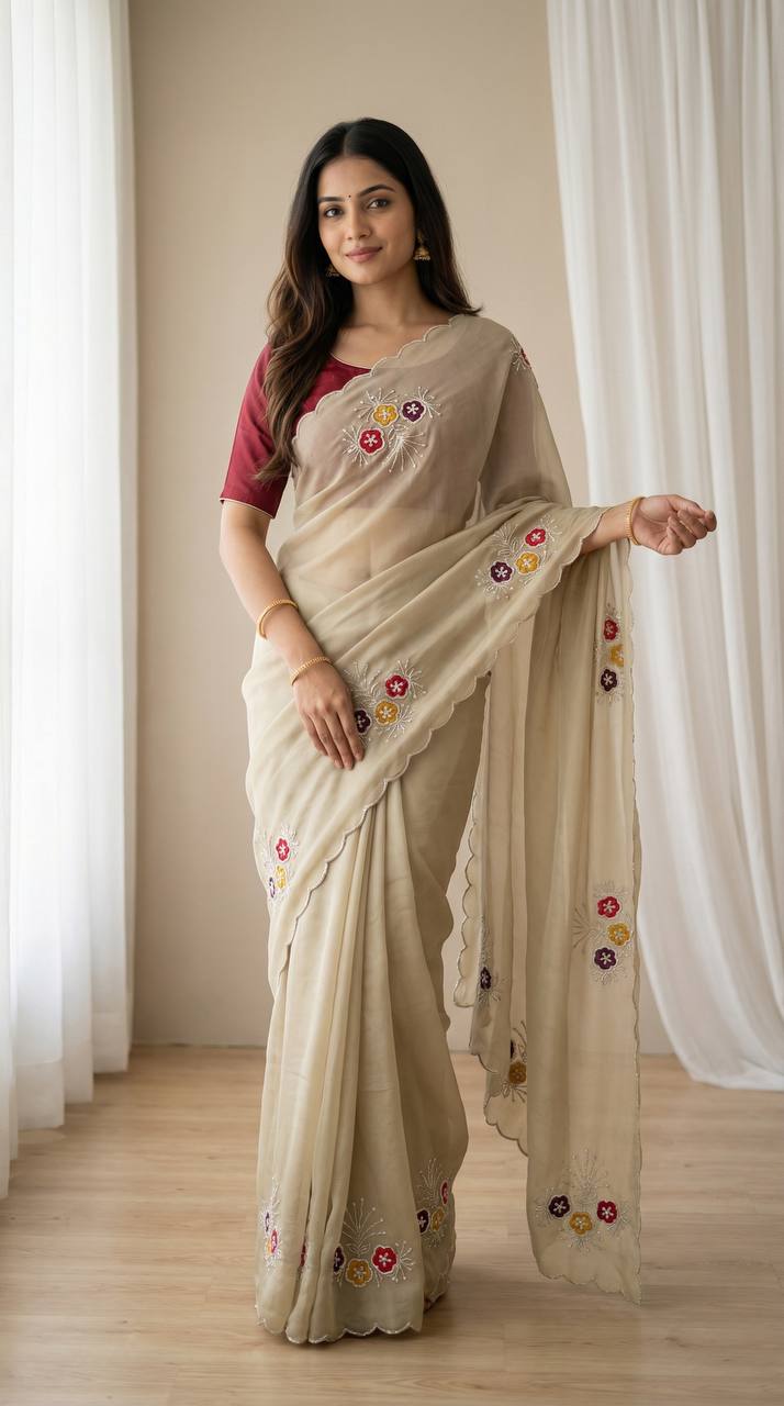 Elegant soft rangoli saree with handwork khatali butta cutdana sequence border mameraa