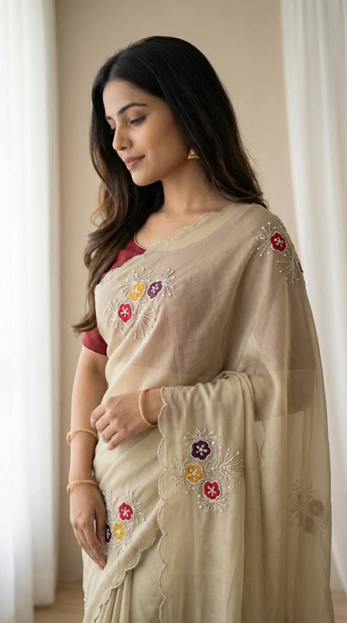 Elegant soft rangoli saree with handwork khatali butta cutdana sequence border