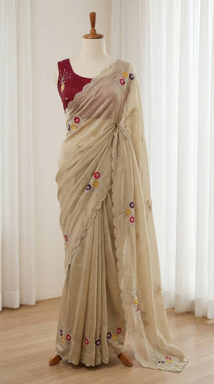 Elegant soft rangoli saree with handwork khatali butta cutdana sequence border