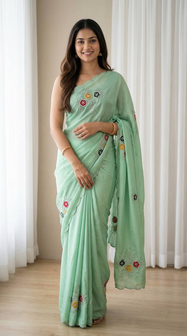 Graceful mint green soft rangoli saree with handwork floral butta mameraa