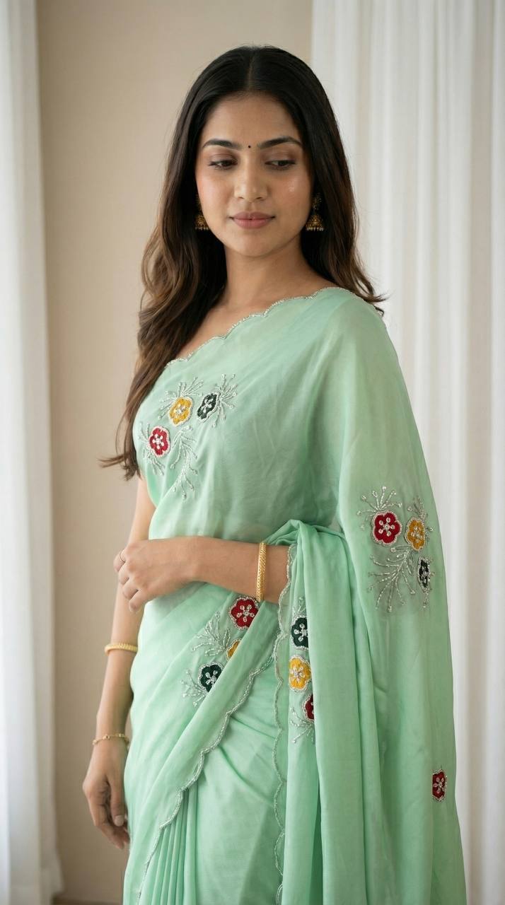 Graceful mint green soft rangoli saree with handwork floral butta