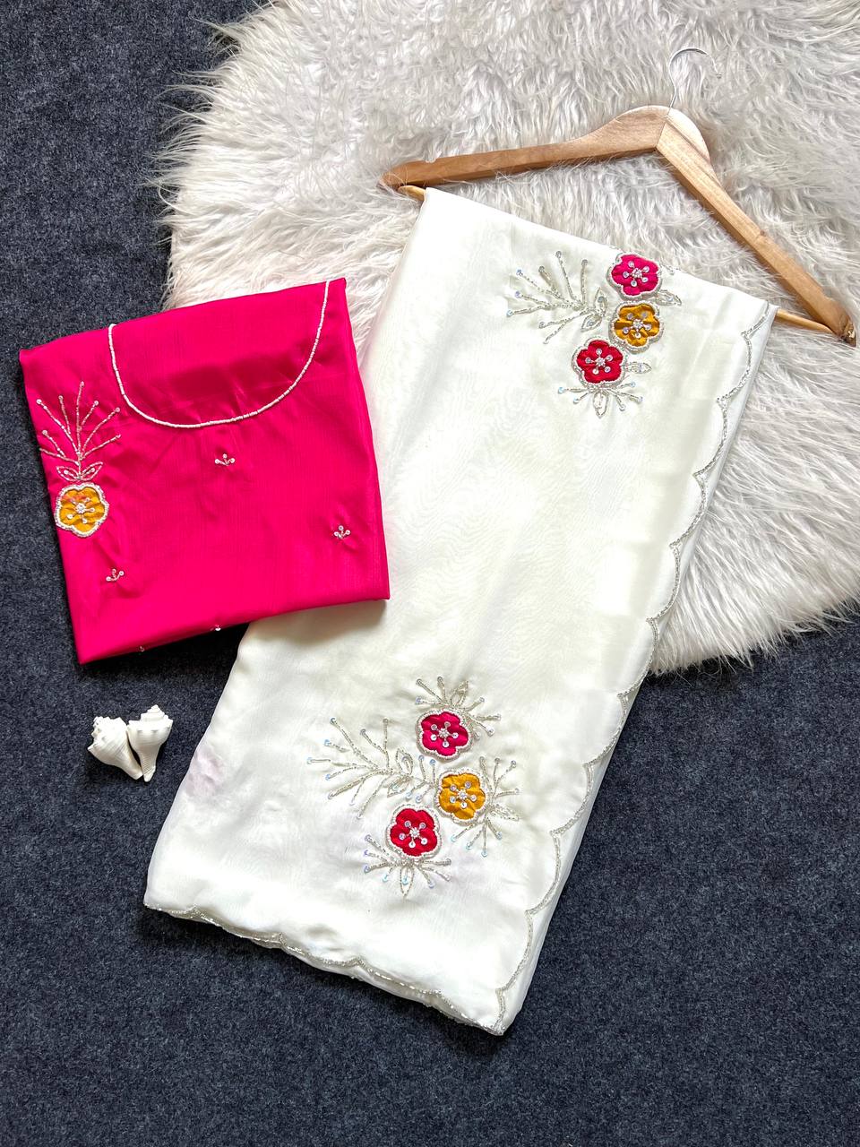Elegant white soft rangoli saree with handwork khatali butta cutdana sequence border with heavy jalpari designer blouse