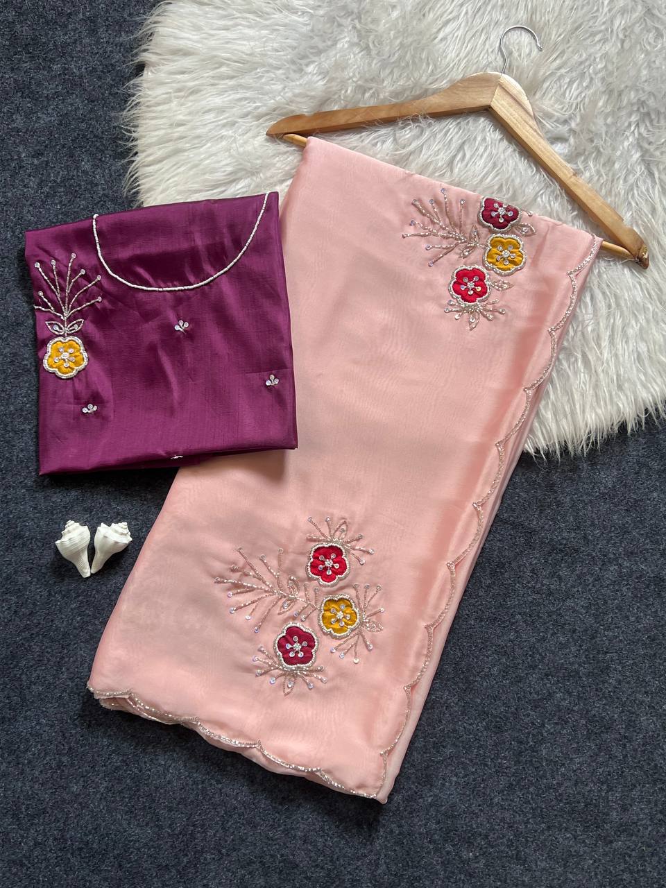 Graceful baby pink soft rangoli saree with handwork floral butta cutdana border with designer jalpari blouse