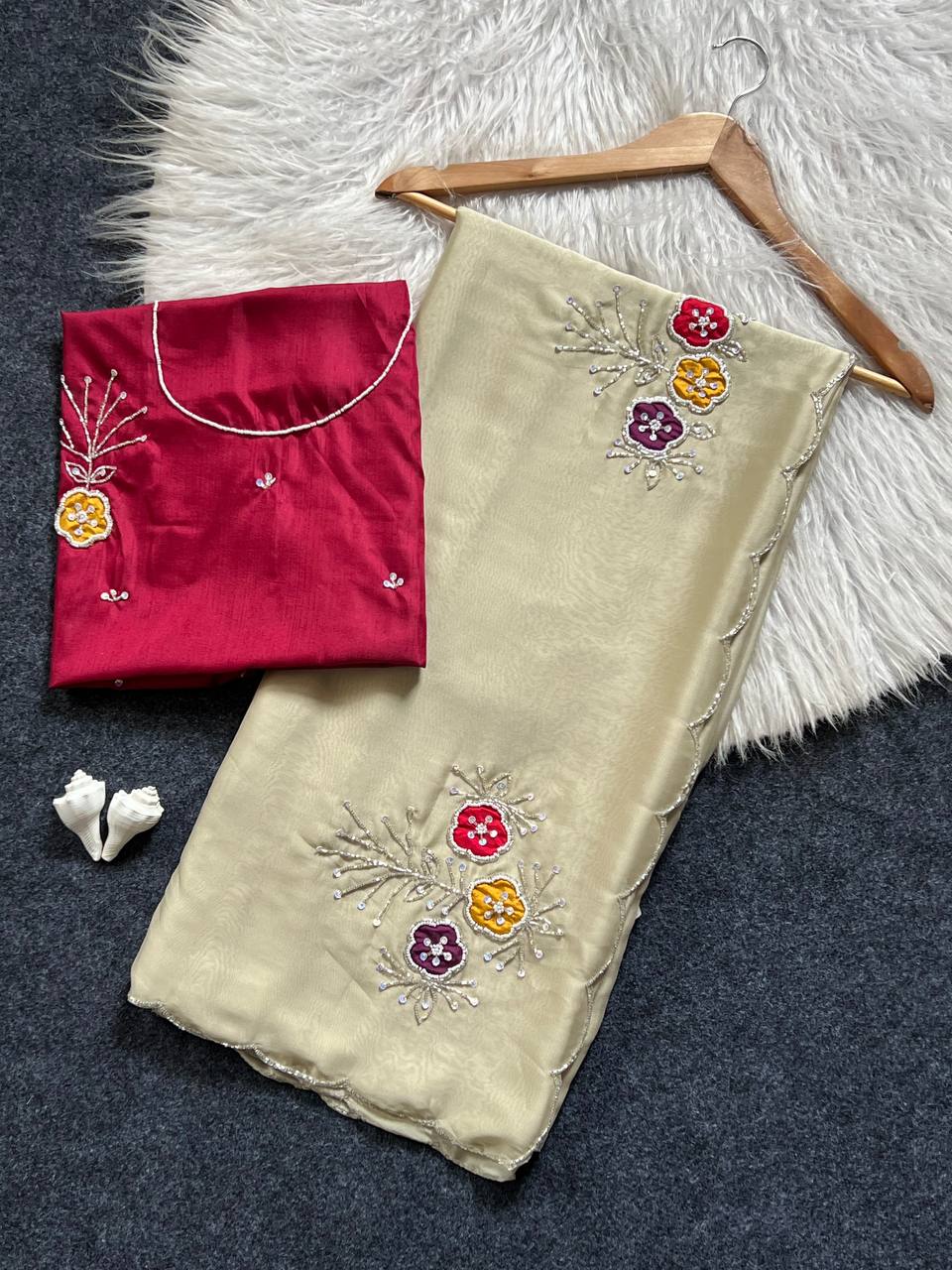 Elegant soft rangoli saree with handwork khatali butta cutdana sequence border