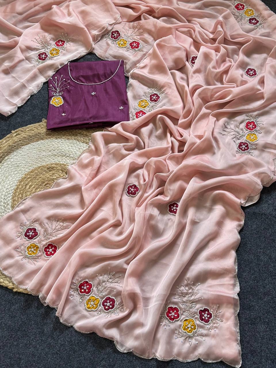 Graceful baby pink soft rangoli saree with handwork floral butta cutdana border with designer jalpari blouse