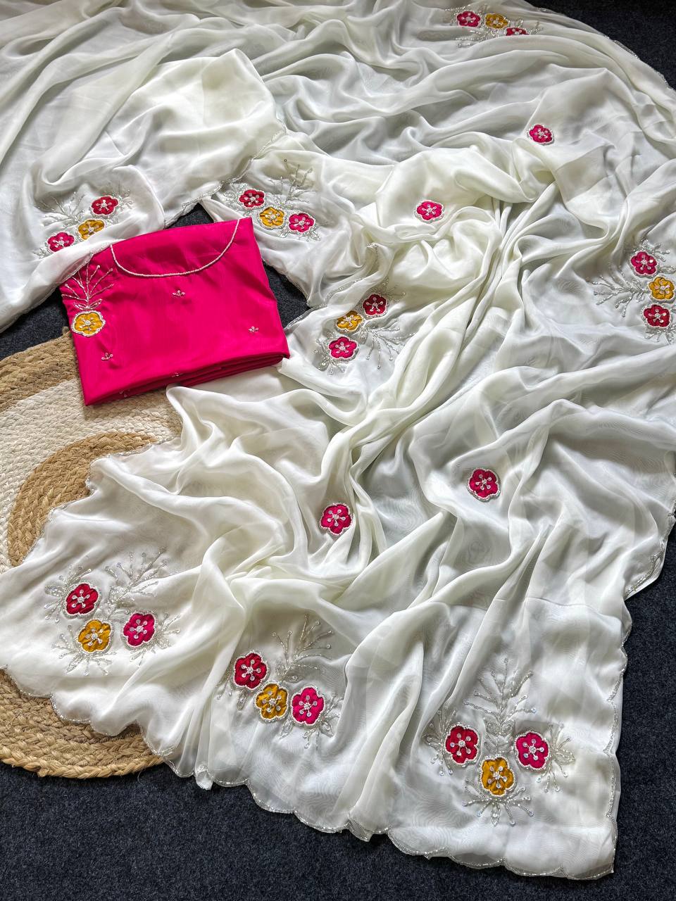 Elegant white soft rangoli saree with handwork khatali butta cutdana sequence border with heavy jalpari designer blouse