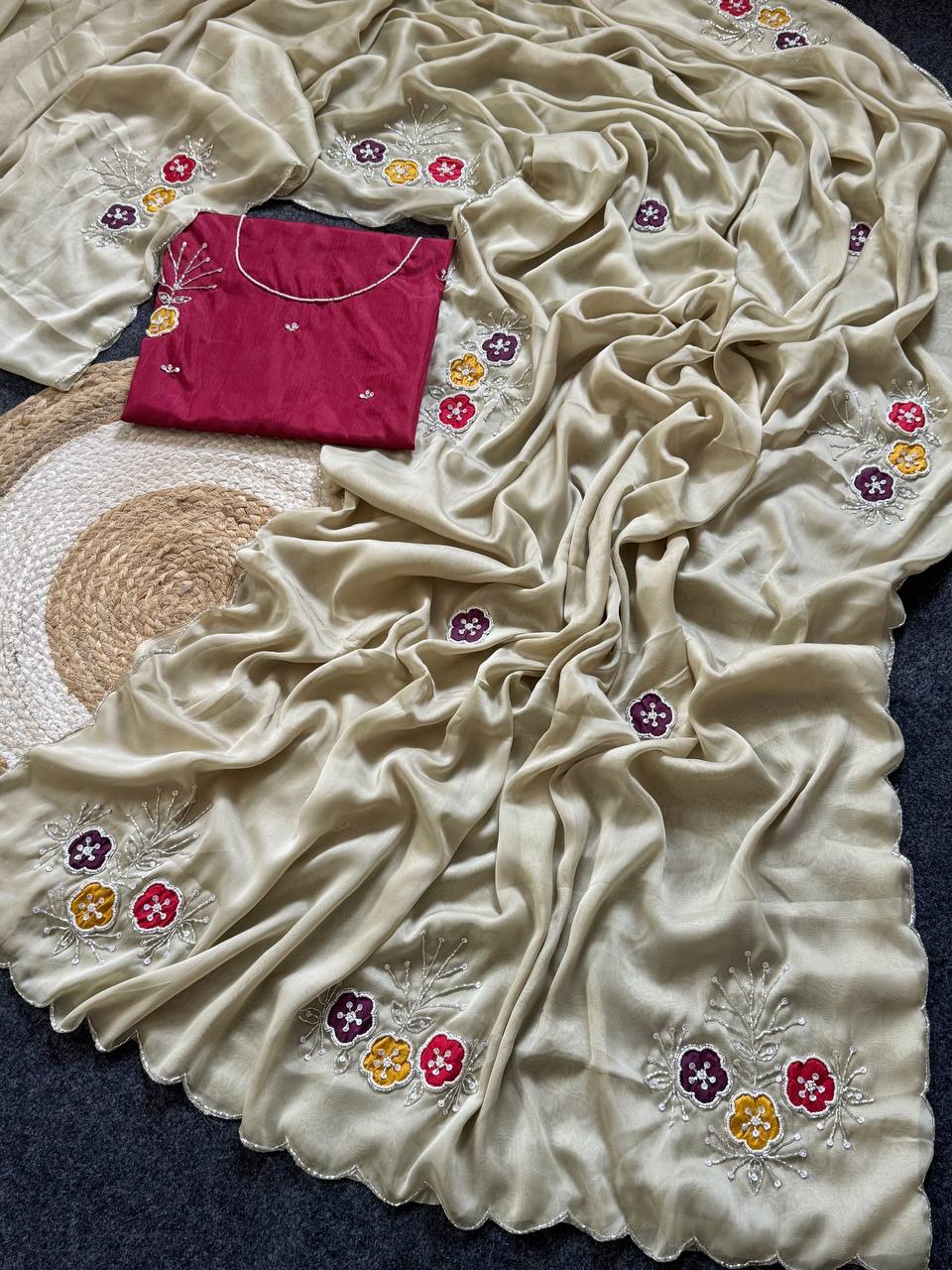 Elegant soft rangoli saree with handwork khatali butta cutdana sequence border