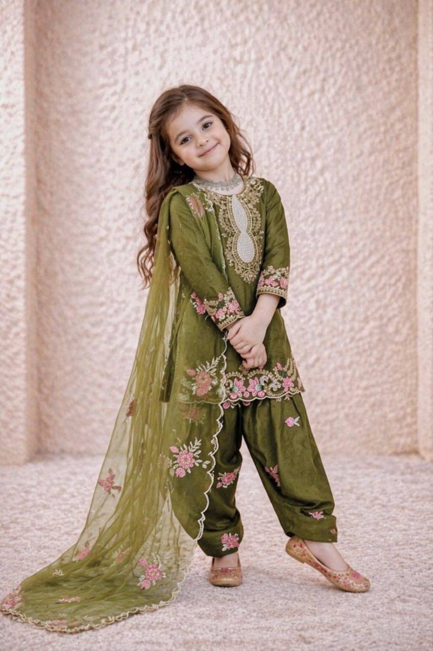 Girls Olive Green Embroidered Kurta Salwar Set with Dupatta