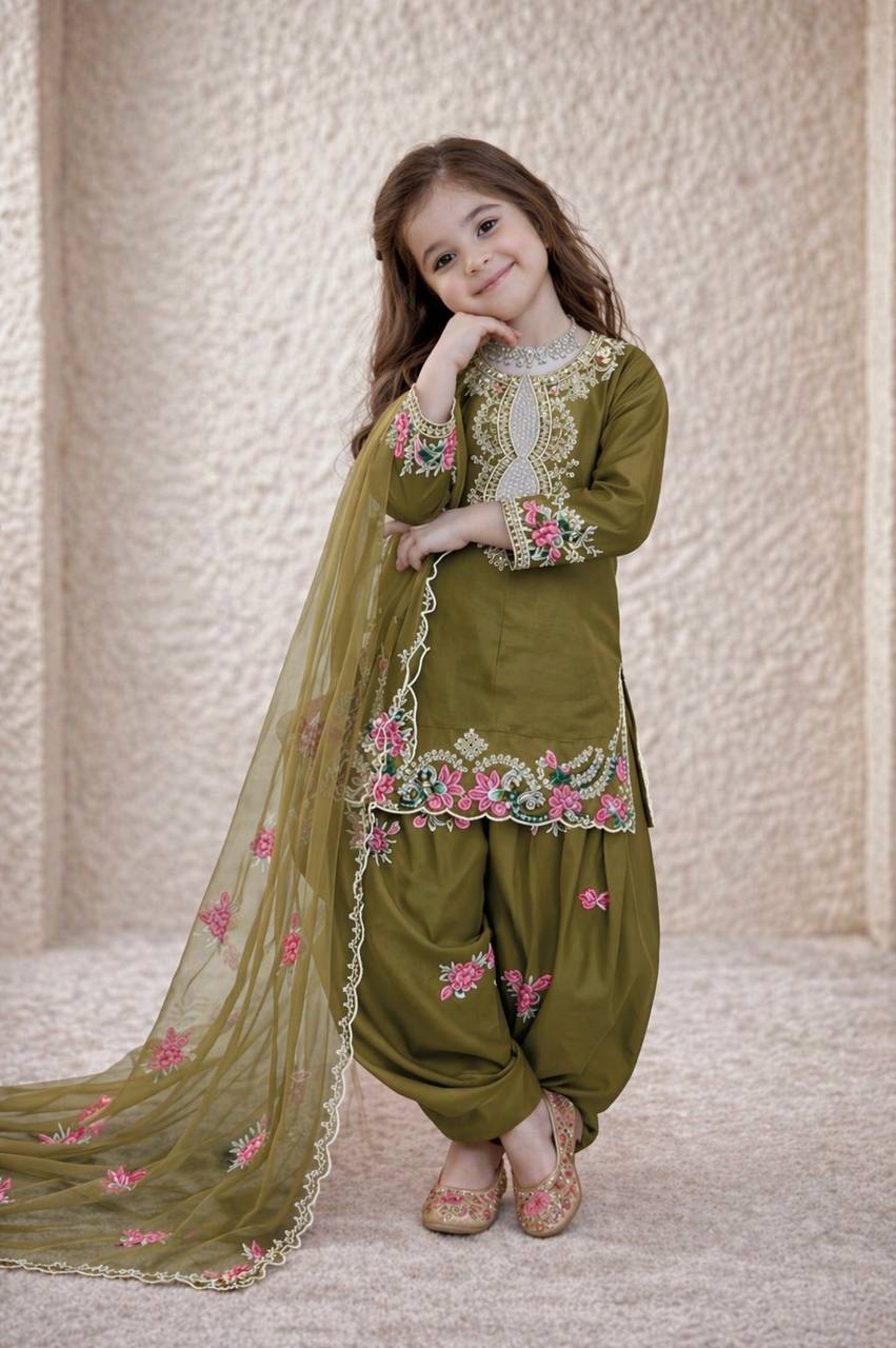 Girls Olive Green Embroidered Kurta Salwar Set with Dupatta