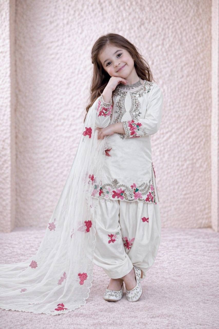Girls Off White Embroidered Kurta Salwar Set with Dupatta