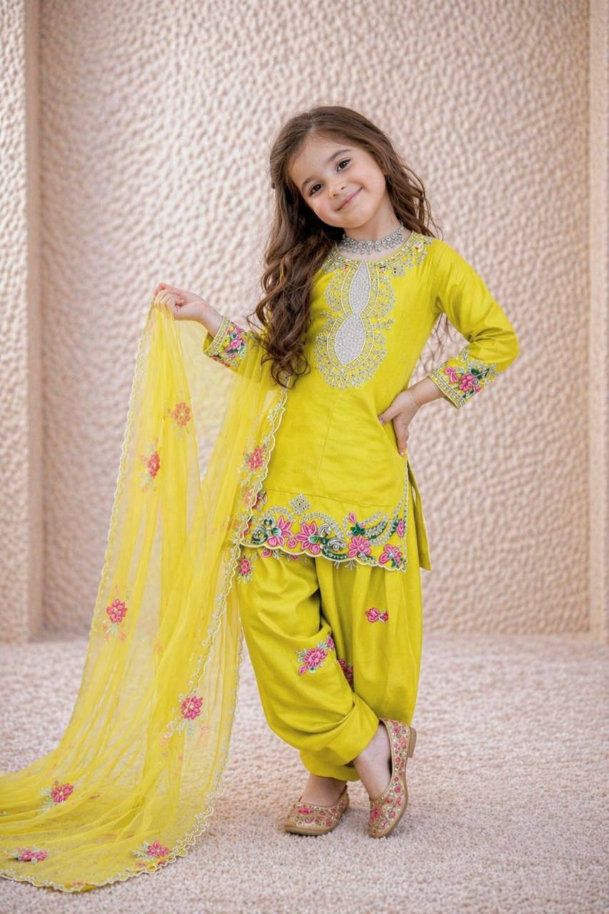 Girls Yellow Embroidered Kurta Salwar Set with Dupatta