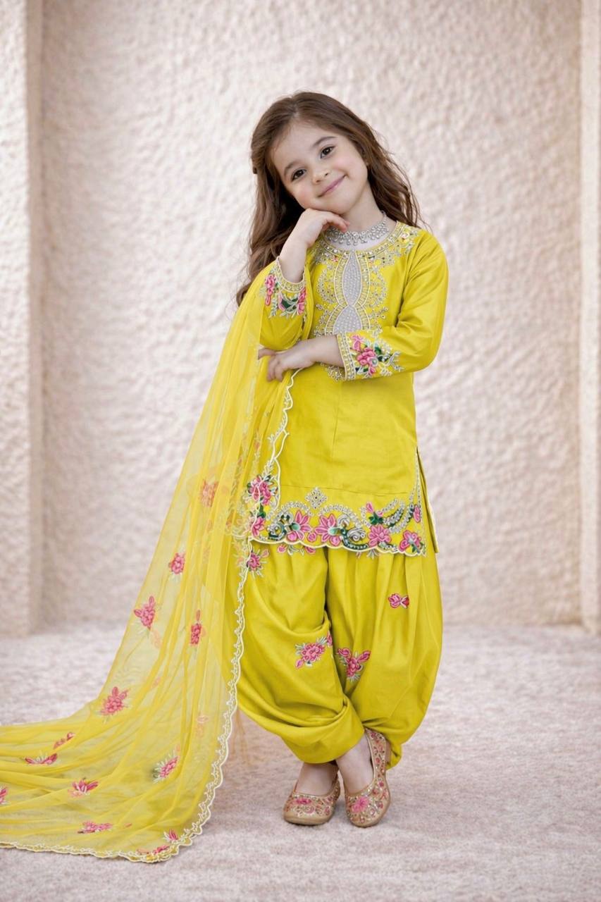 Girls Yellow Embroidered Kurta Salwar Set with Dupatta