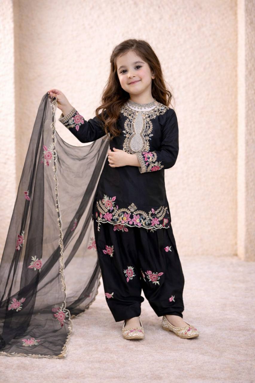 Girls Black Embroidered Kurta Salwar Set with Dupatta