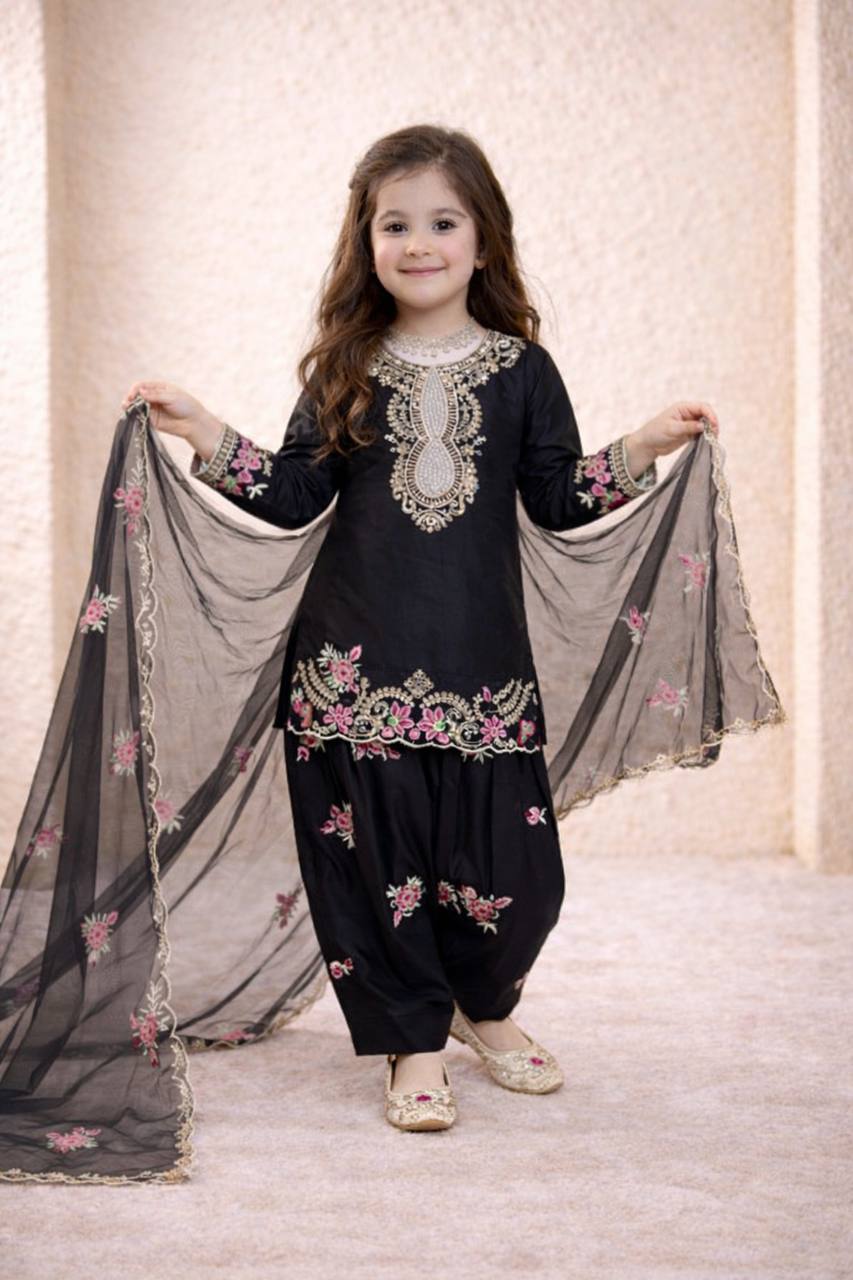 Girls Black Embroidered Kurta Salwar Set with Dupatta